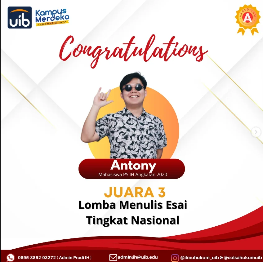 Kepada Mahasiswa Ilmu Hukum yang berhasil Meraih Juara 3 Lomba Esai Tngkat Nasional