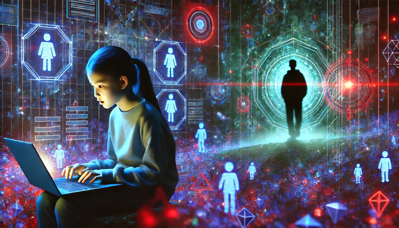 A child sitting in a dark room with a computer Description automatically generated