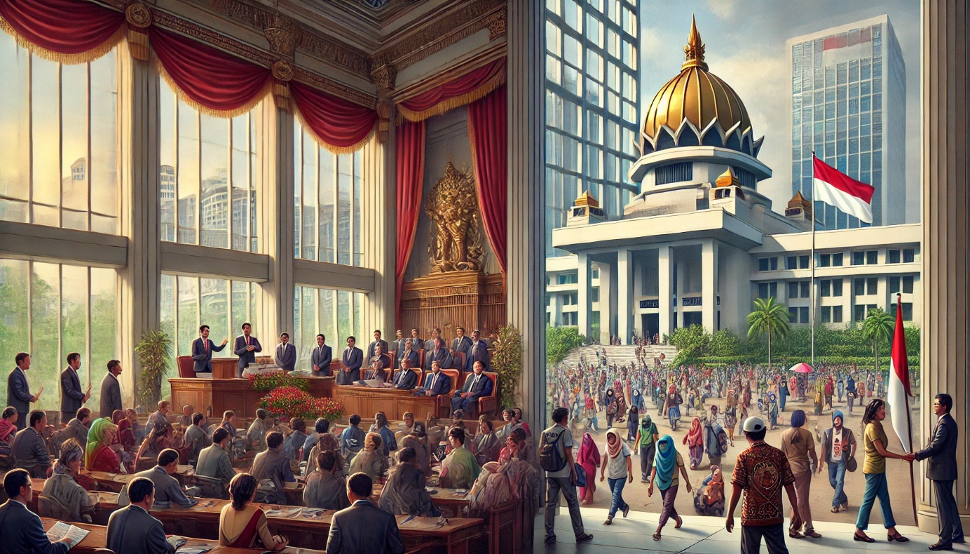 A group of people in a room with a large building and a gold dome Description automatically generated