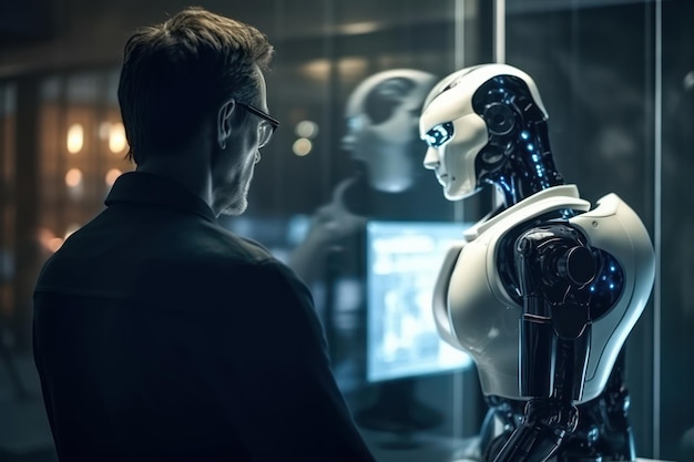 Artificial intelligence digital technology concept Human and robot talking communication | Premium AI-generated image