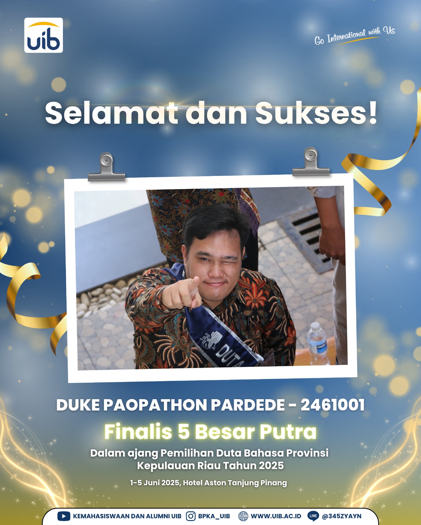 Mahasiswa UIB Raih Prestasi sebagai Finalis 5 Besar Putra Duta Bahasa Kepri 2025