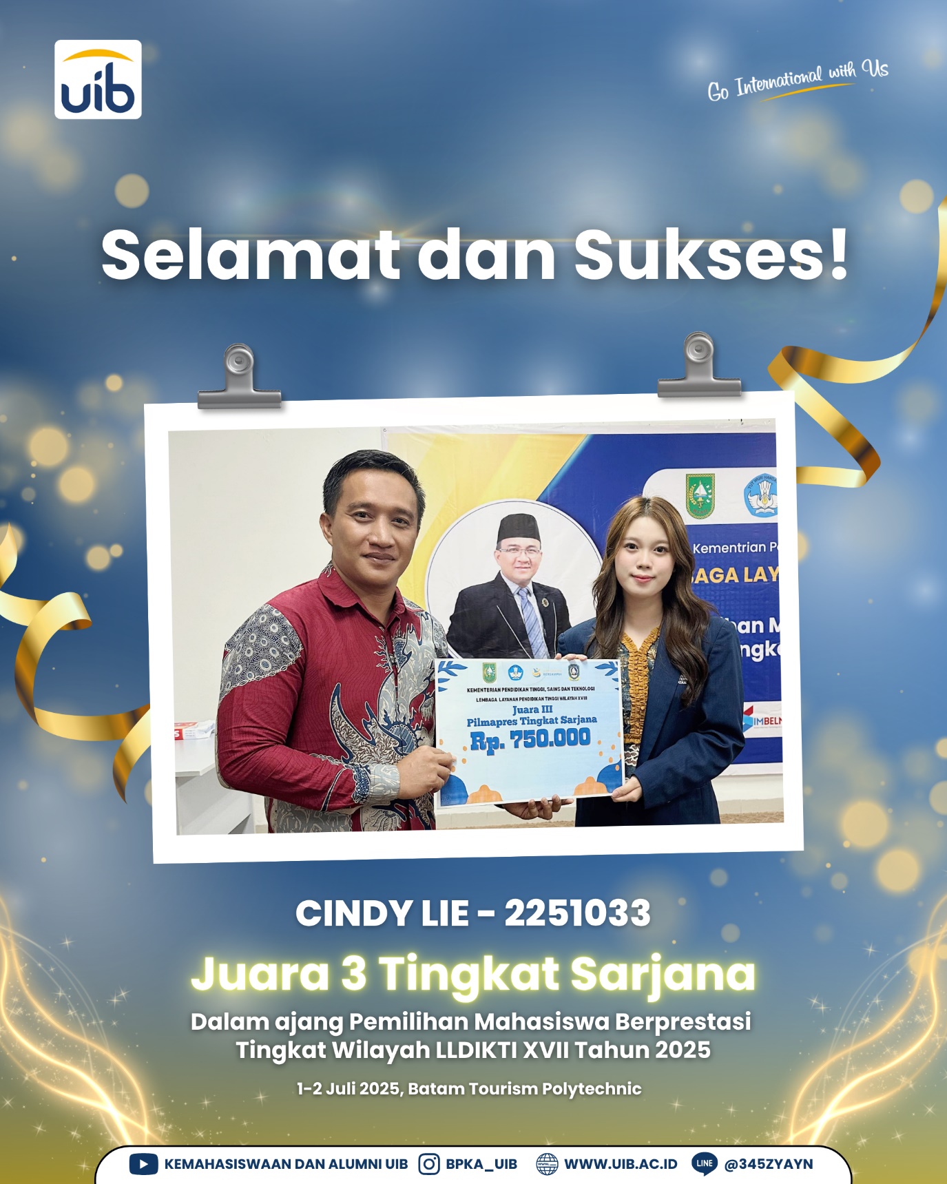 Mahasiswi UIB Raih Juara 3 Pilmapres Tingkat Wilayah LLDIKTI XVII 2025