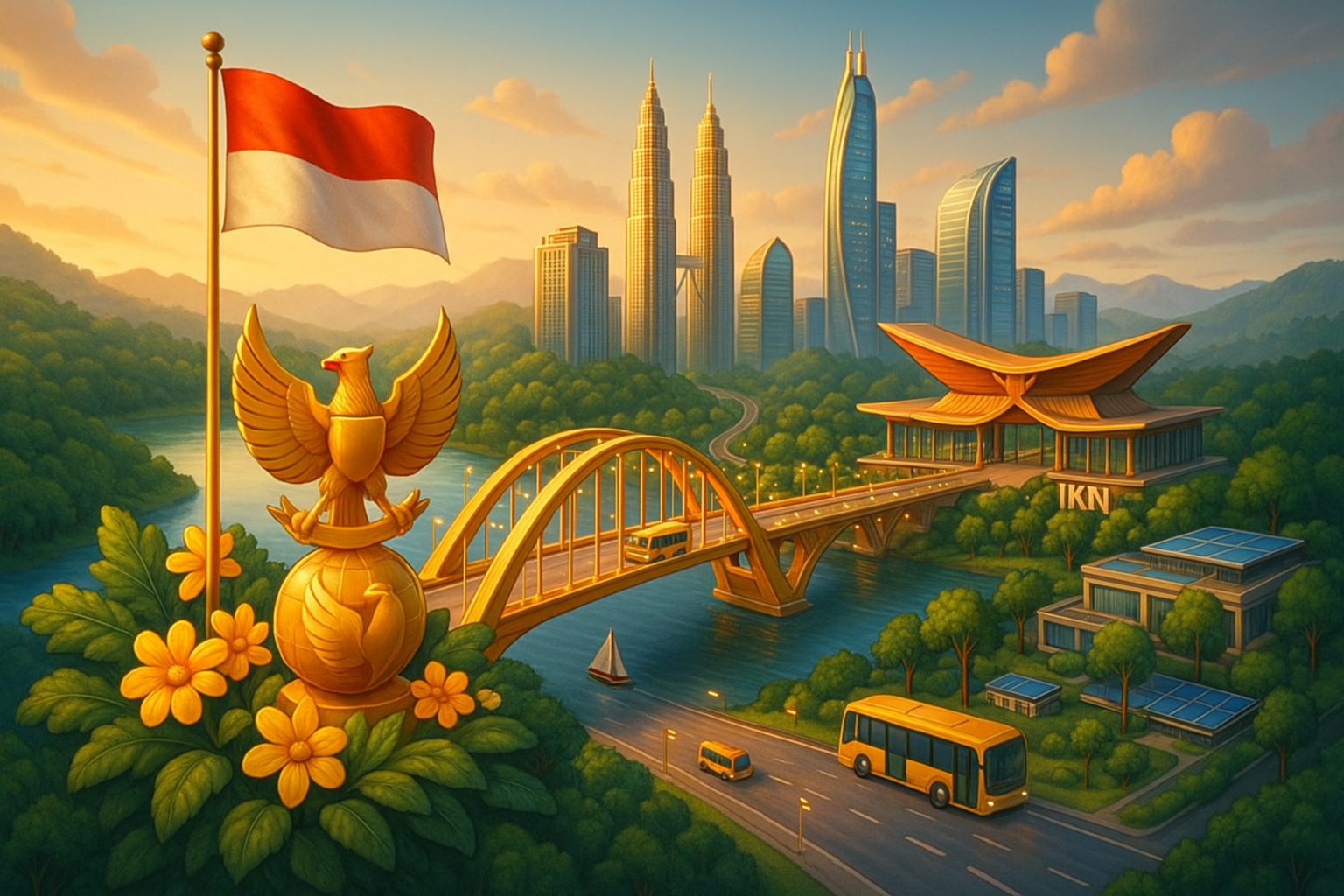 A bridge over a river with a bridge and a flag AI-generated content may be incorrect.