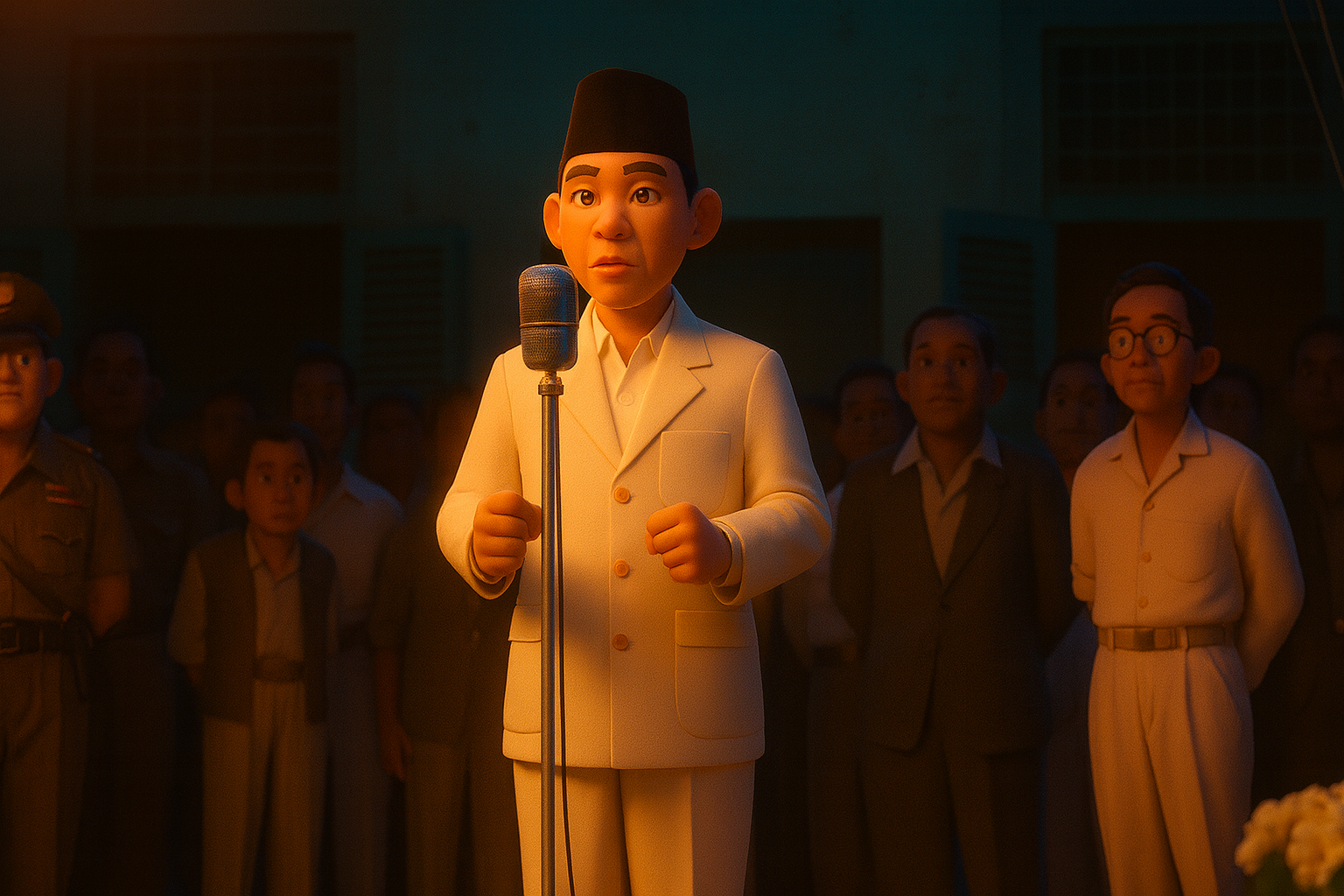 A person in a white suit holding a microphone AI-generated content may be incorrect.