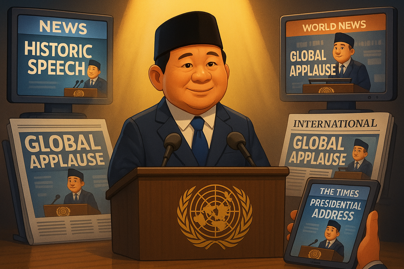 A cartoon of a person in a suit and tie at a podium with a microphone
AI-generated content may be incorrect.