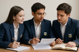 A group of people looking at a piece of paper Description automatically generated