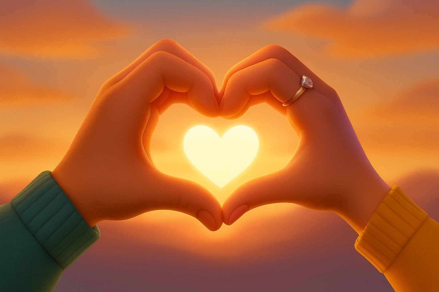 A pair of hands making a heart shape with a bright light AI-generated content may be incorrect.