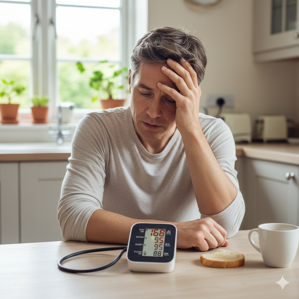 A person sitting at a table looking at a digital blood pressure monitor AI-generated content may be incorrect.
