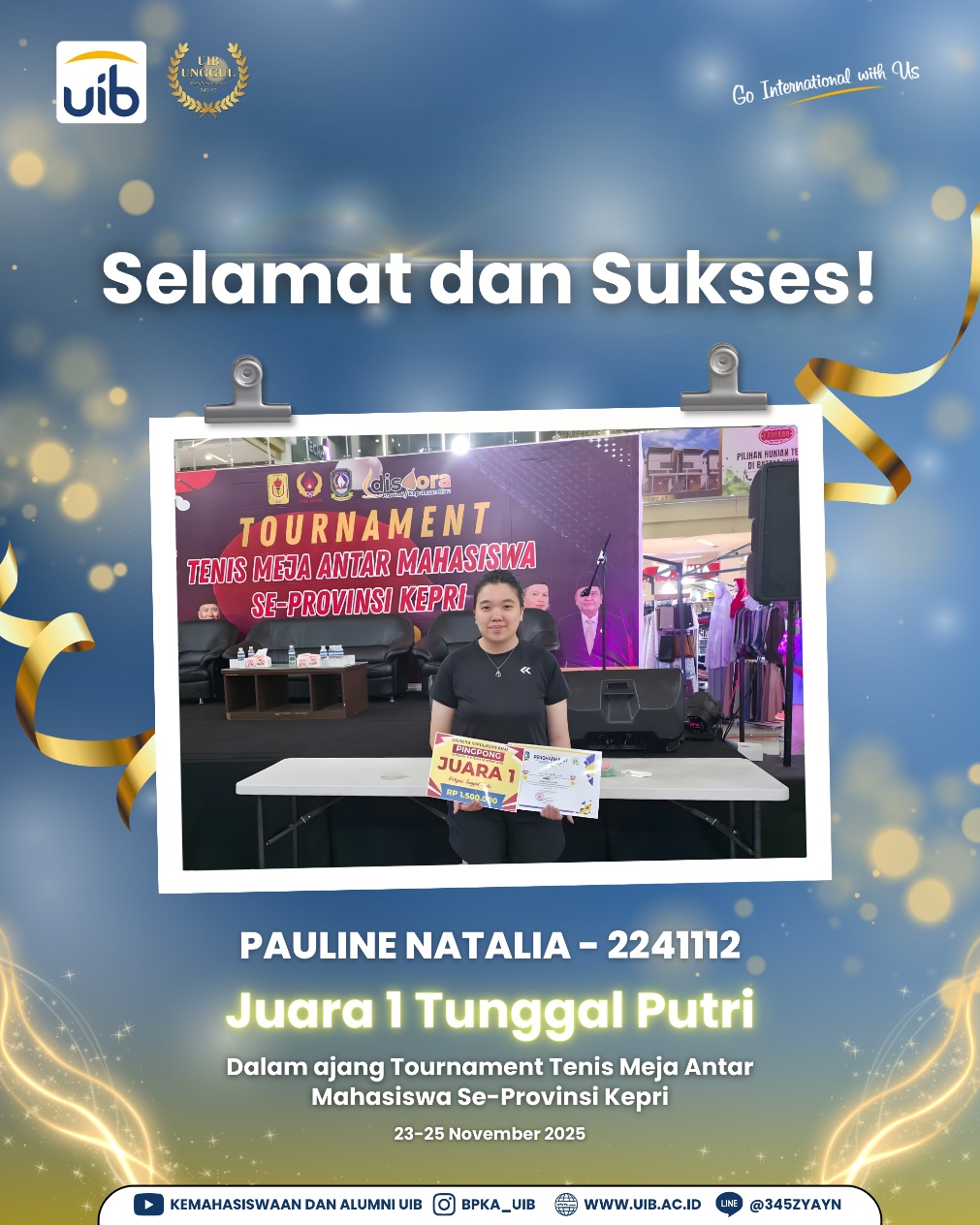 Mahasiswi UIB Raih Juara 1 Tunggal Putri pada Turnamen Tenis Meja Antar Mahasiswa se-Provinsi Kepulauan Riau