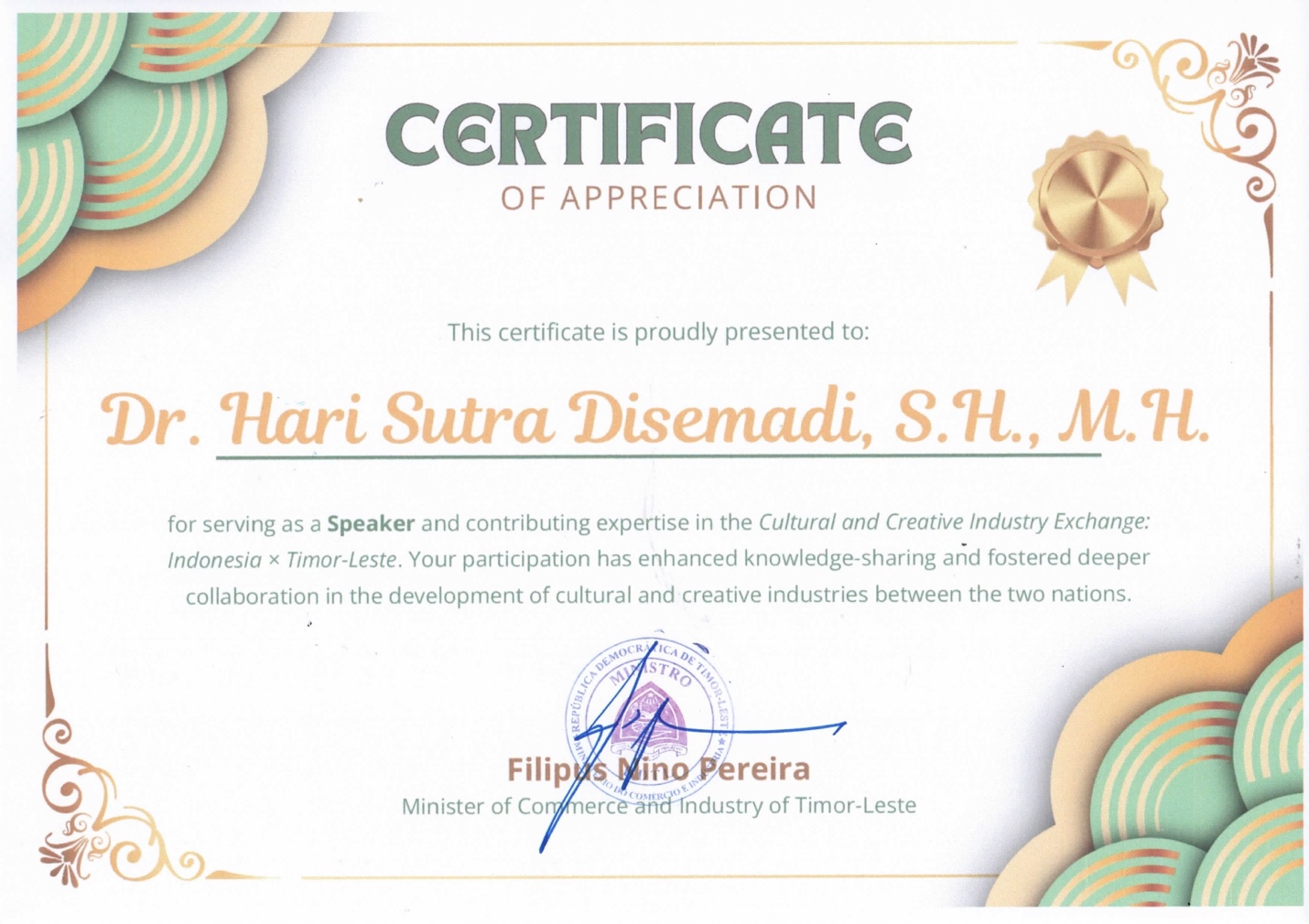 A certificate of appreciation with a certificate of appreciation
Description automatically generated