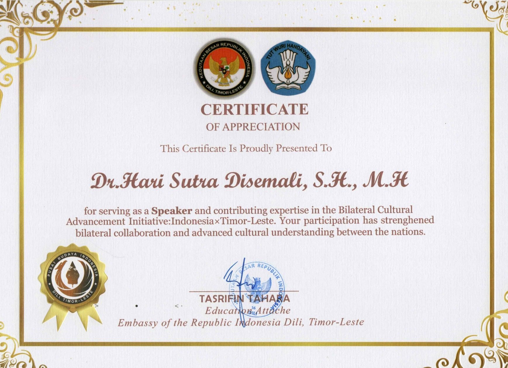 A certificate of appreciation with a few logos Description automatically generated