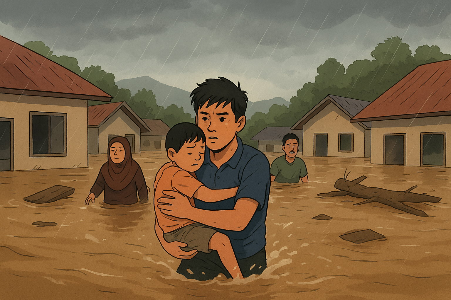 A person holding a child in a flooded area

AI-generated content may be incorrect.