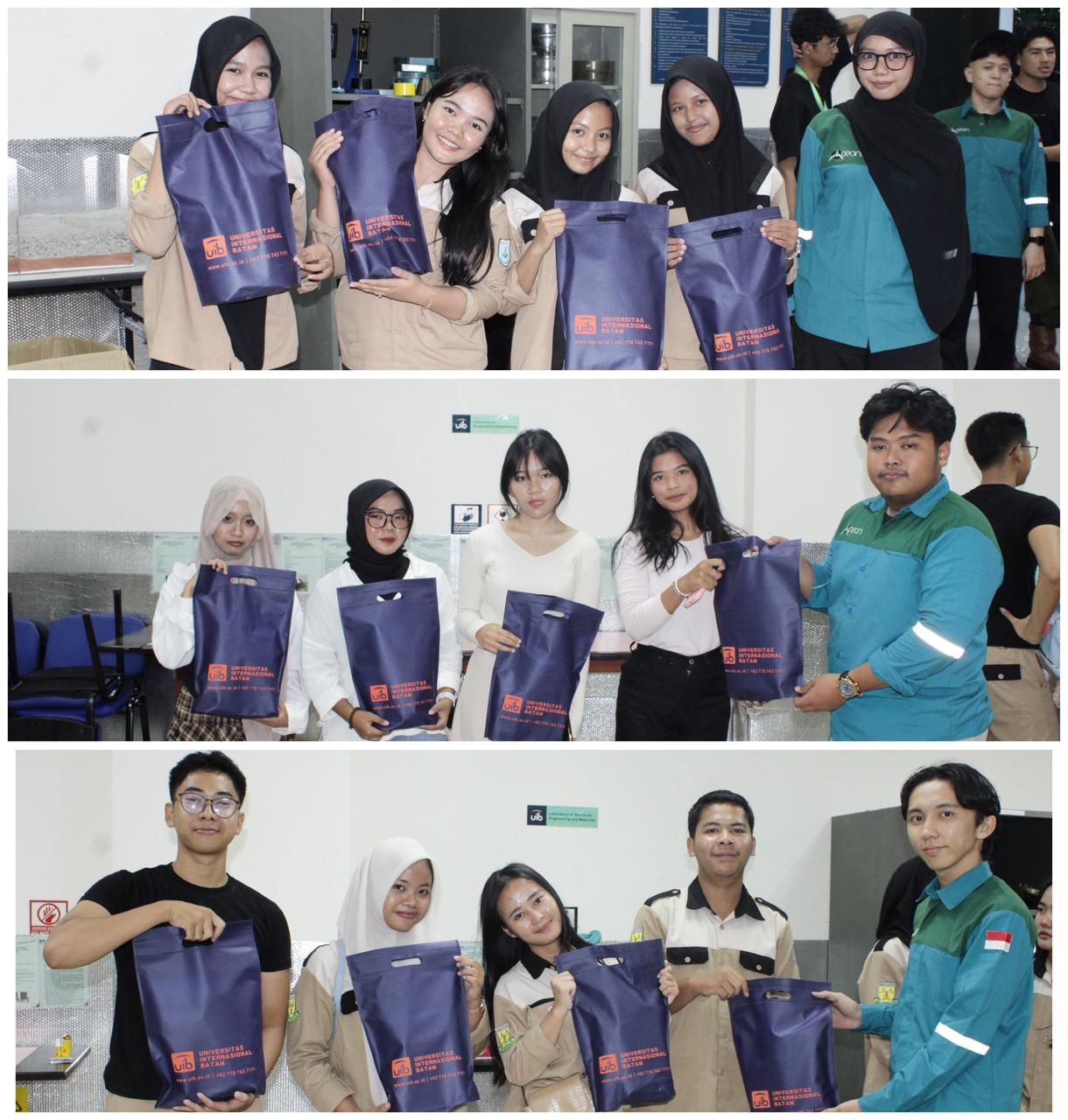 A group of people holding blue bags

Description automatically generated