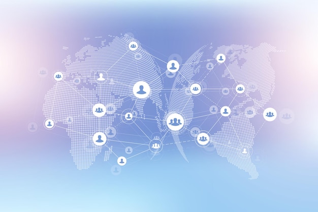 Konsep teknologi koneksi orang abstrak dengan globe dunia bertitik. Konsep bisnis global dan latar belakang teknologi internet. Proses perusahaan modern. Jaringan analitis. Ilustrasi vektor | Vektor Premium
