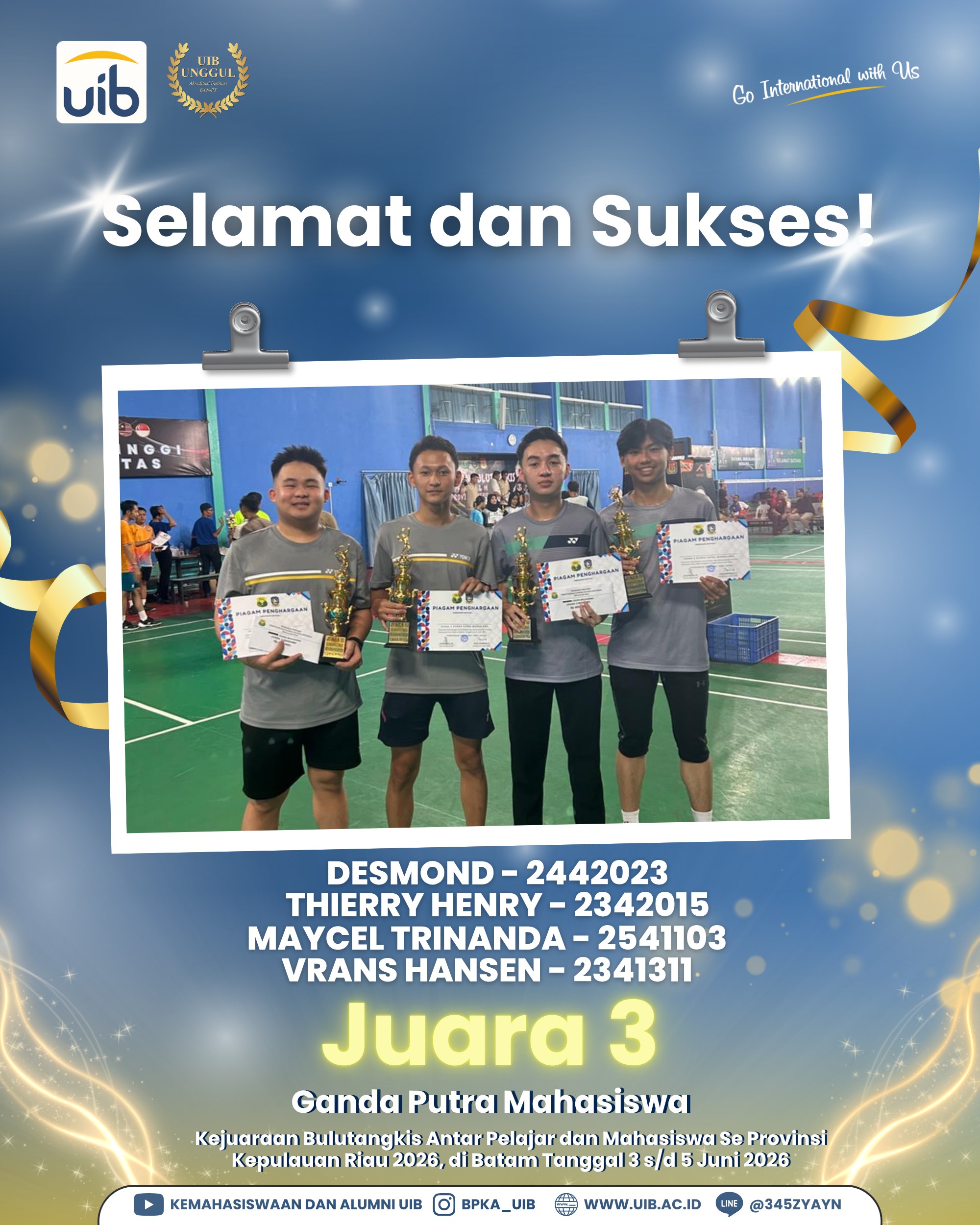Mahasiswa UIB Raih Juara 3 Ganda Putra pada Kejuaraan Bulutangkis Antar Pelajar dan Mahasiswa se-Provinsi Kepulauan Riau 2026