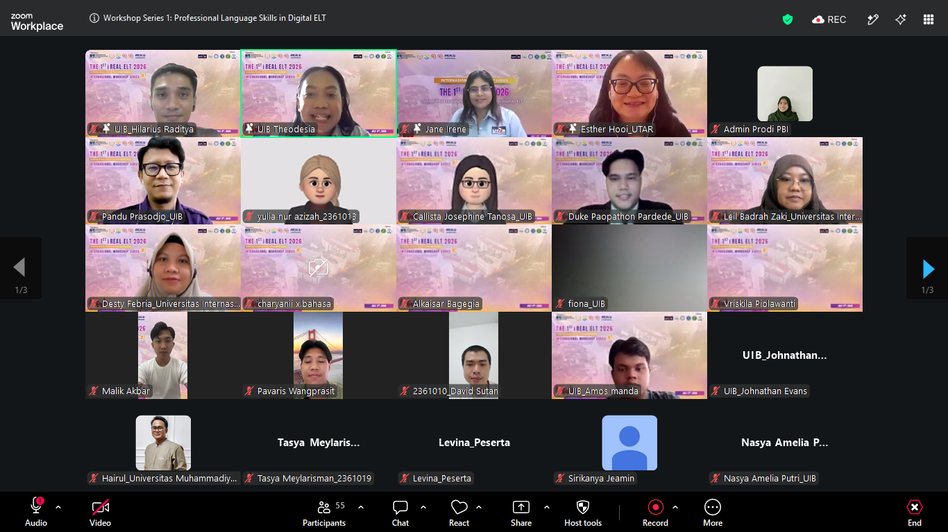 Pembukaan The 1st iREAL ELT International Workshop Series #1 Program Studi Pendidikan Bahasa Inggris Universitas Internasional Batam melalui Zoom Meeting.